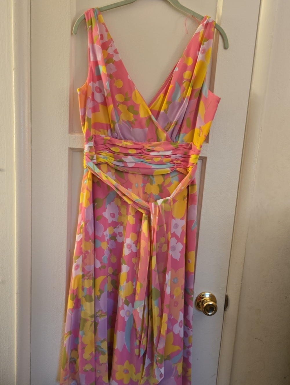 London Times Pink and Yellow Floral Midi Wrap Dress